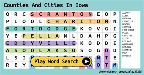 Counties And Cities In Iowa Word Search