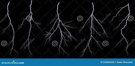 Set of Different Lightning Bolts Isolated on Black Background Stock