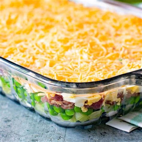 Traditional Seven Layer Salad With Iceberg Lettuce Frozen Peas Onion