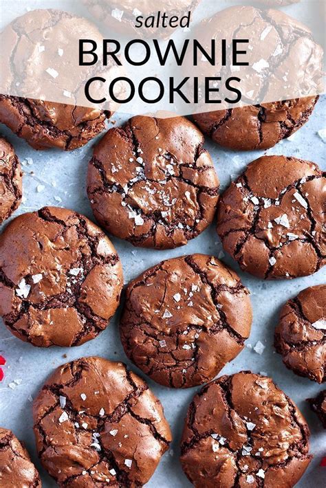Salted Brownie Cookies On A Baking Sheet With Text Overlay That Reads