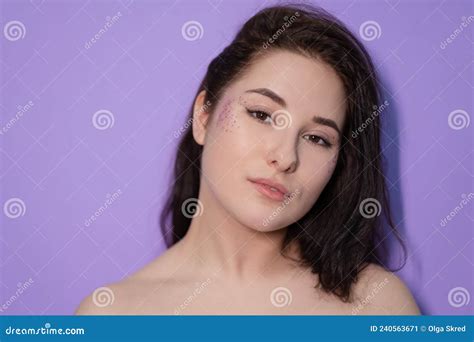 pretty brunette girl woman on very peri background trendy color 2022 stock image image of