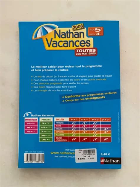 Cahier De Vacances Nathan Vacances De La 5ème Vers La 4ème De 2008 Eur