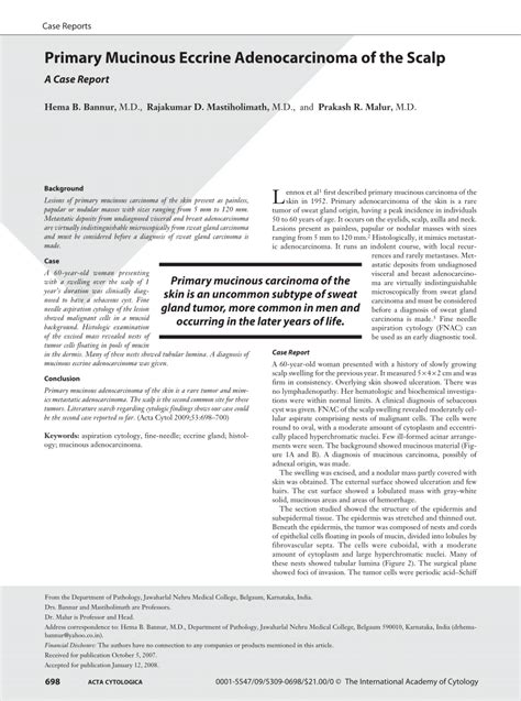 Pdf Primary Mucinous Eccrine Adenocarcinoma Of The Scalp A Case Report