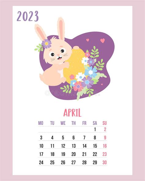 April 2023 Calendar Cute Easter Bunny With Easter Egg And Flowers