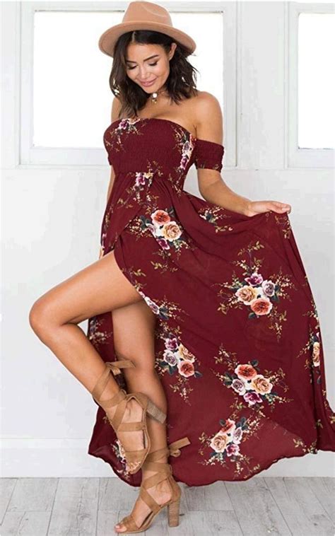 Summer Beach Maxi Dresses For Women Off The Shoulder Wine Red Size