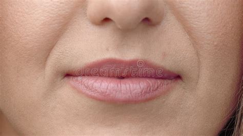 Woman Licks Her Lips Close Up Gentle Female Tongue Licks Beautiful