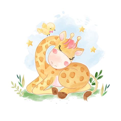 Premium Vector Cartoon Giraffe Sleeping With Yellow Little Bird