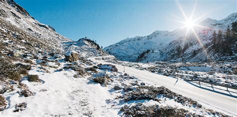 Swiss Alps Flüelapass Mountain Pass Panorama On Sunny Winter Day By