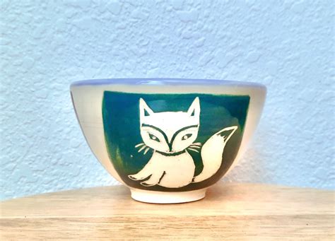 Cute Fox Ceramic Sgraffito Bowl Hand Carved Fox Tree And Etsy