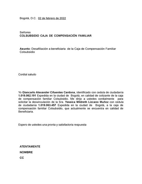 106 Modelo Carta Empresa Persona Juridica Bogotá D 02 De Febrero De