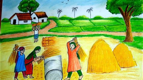 How To Draw Farmers Working In The Field Rice Threshing Scenery Easy