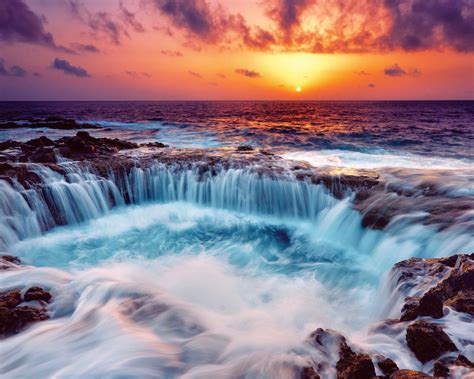 1280x1024 Ocean Rocks Waterfall Sunset Desktop Pc And Mac Wallpaper