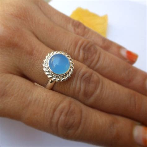 Blue Chalcedony Ring Sterling Silver Rope Edged Ring Blue Etsy