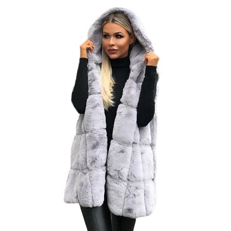 Winter Warm Faux Fur Vest Coat Women Hooded Jacket Vests Ladies