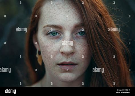 Close Up Portrait Of A Redhead Woman With Freckles Stock Photo Alamy
