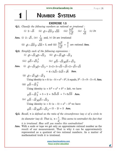 Ncert Solutions For Class 9 Maths Chapter 1 Number Systems In Pdf