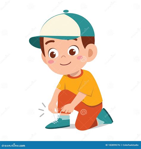 Happy Cute Little Kid Boy Tie Shoe Shoelace Stock Vector Illustration