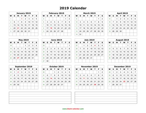 Download Blank Calendar 2019 With Space For Notes 12 Months On One