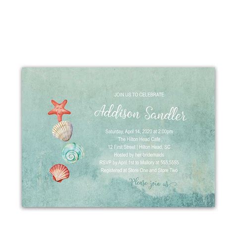 Modern wedding invitation card set. Beach Bridal Shower Invitation Seashell Starfish Ocean Theme