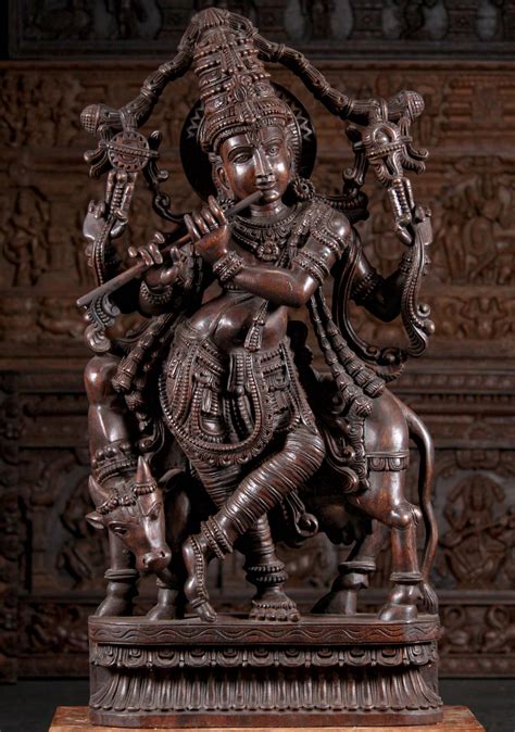 4 Foot Tall Hand Carved Wooden Gopal Krishna Statue Playing Flute With