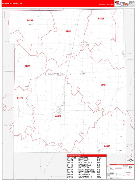 Harrison County Mo Zip Code Wall Map Red Line Style By Marketmaps
