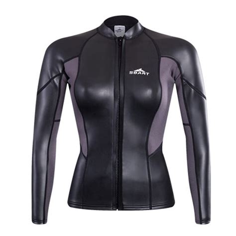 Sbart Womens 2mm Neoprene Wetsuit Top Cool Black Long Sleeve Diving Suit Shirt Front Zipper