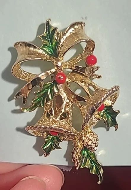 Vintage Signed Gerrys Christmas Holly Bells Brooch Pin Gold Tone Enamel