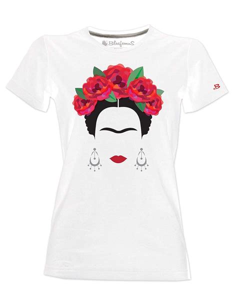 Camiseta Frida Kalho Estilizada Con Rosas Rojas Y Aretes Mujer Blanco Camisetas