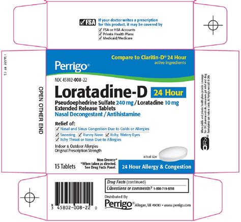 It is also available in combination with pseudoephedrine, a decongestant, known as loratadine/pseudoephedrine. Loratadine d 24 hour (Perrigo New York Inc ...