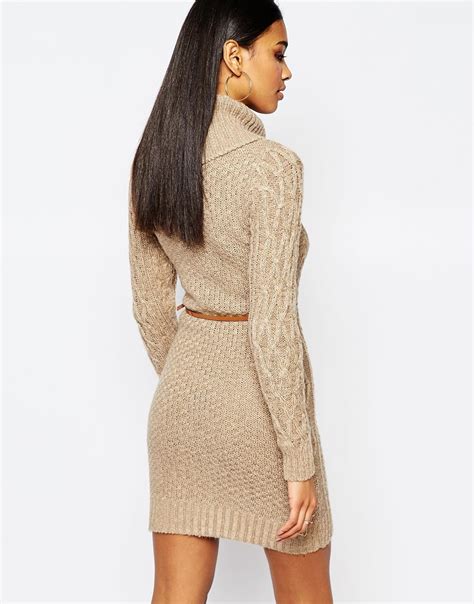 Lyst Lipsy Cable Knit Dress With Cowl Neck In Natural
