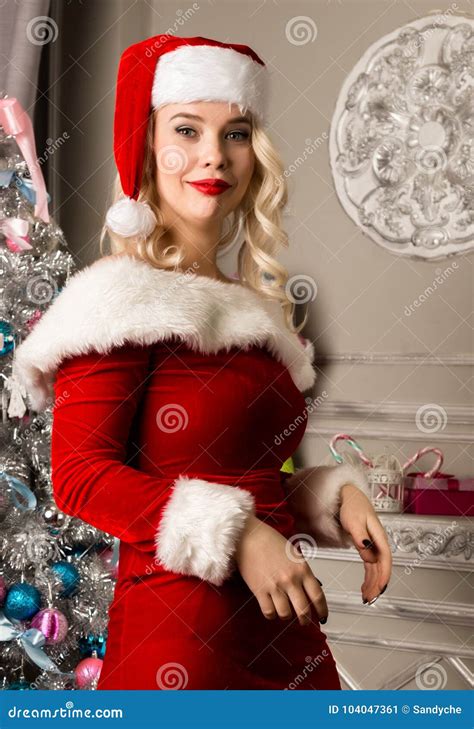 Christmas Girl Posing Blonde Woman Dressed As Santa In Front Of Camera Stock Image Image Of