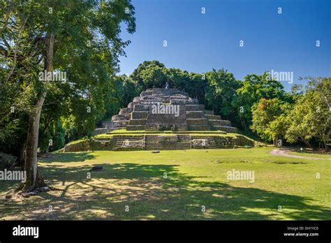 Jaguar Temple Seen Across Plaza At Lamanai Maya Ruins Rainforest