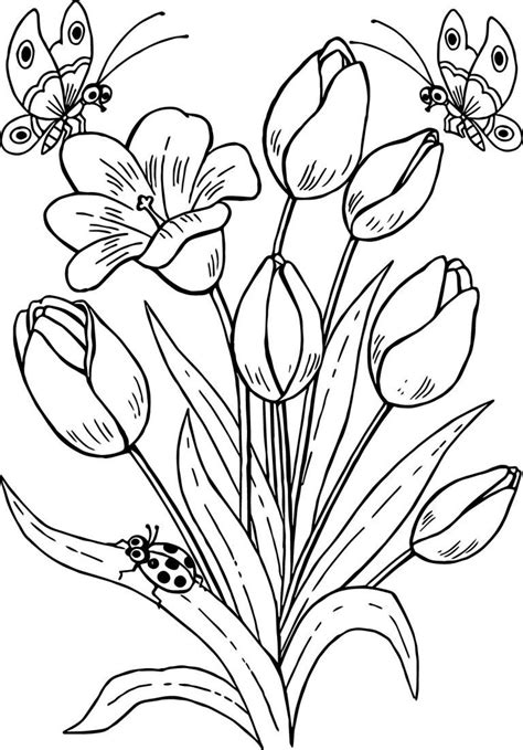 There are three or four flowers and a ladybug is seat in the flowers. Drawing Butterfly Flowers Tulips Coloring Page | Flower ...