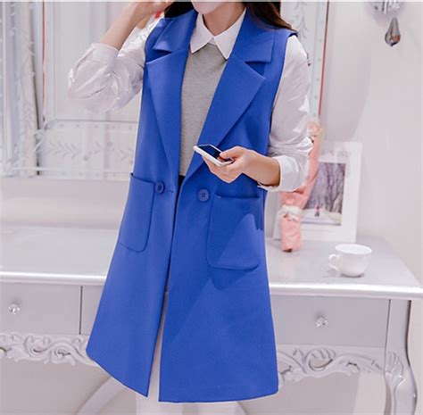 2018 Spring Elegant Blue Long Waistcoat For Women Sleeveless Vest Summer Brief Plus Size Slim