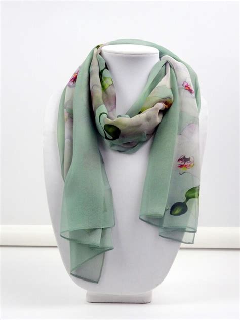 Mint Green Silk Scarf Orchid Scarf Tropical Flowers Summer Etsy