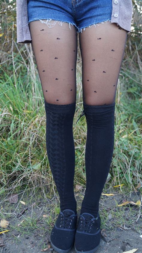 black sheer tights with knee high black wool socks and denim shorts tights fashion pantyhose