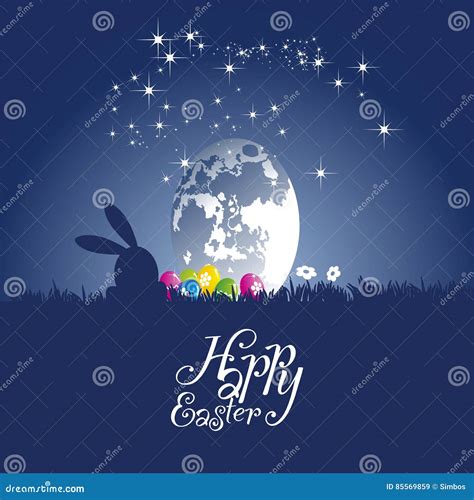 Easter Rabbit Watching The Moon Egg Blue Background Stock Vector