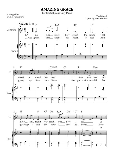 Amazing Grace For Contralto Vocal With Easy Piano Sheet Music John