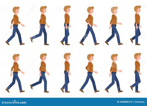 Young Adult Man In Jeans Walking Sequence Poses Vector Illustration