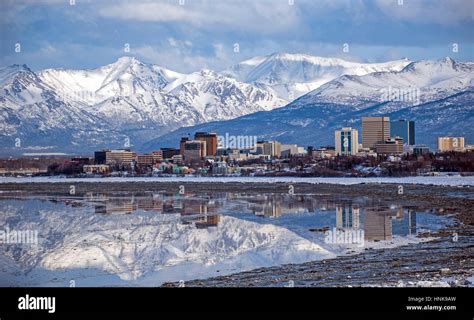 Anchorage Alaska Skyline With A Winter Reflection In The Inlet Stock