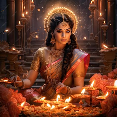 Premium Ai Image Beautiful Girl Worship To Hindu Goddess Laxmi In Temple