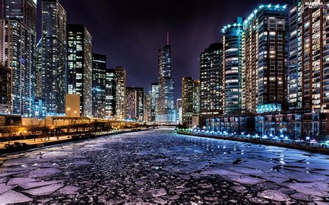 Night River Chicago Town The United States Beautiful Views