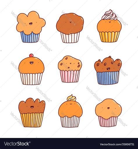 Cartoon Cupcakes And Muffins Characters Set Vector Image