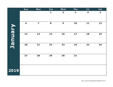 2019 Monthly Blank Calendar Free Printable Templates