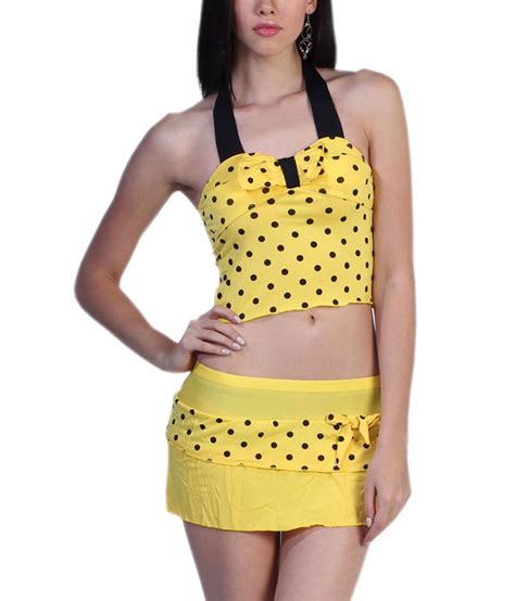 Buy Fascinating Lingerie Swim Sexy Polka Dot Tie Front Halter Yellow Tankini Online At Best