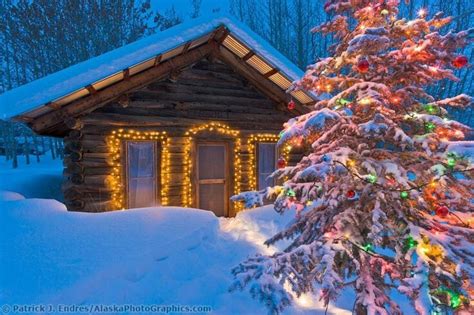 Beautiful Winter Scene Decorating With Christmas Lights Cabin