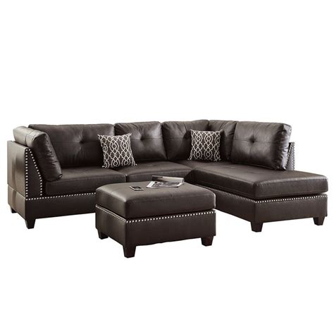 Poundex 3 Piece Faux Leather Sectional Sofa Set With Ottoman In