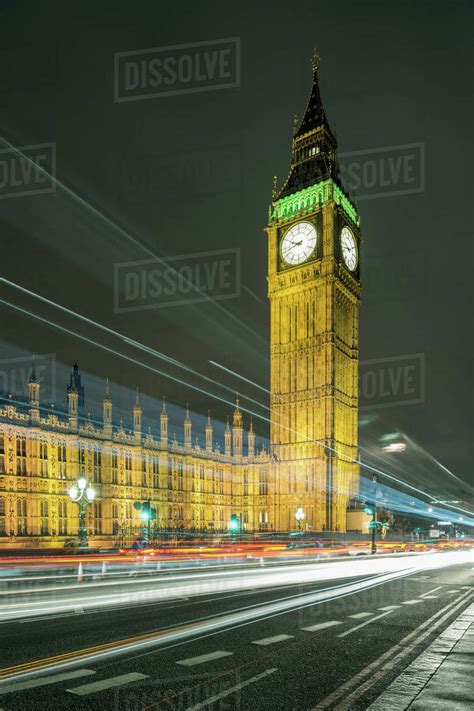 Traffic Light Trails And Big Ben At Night London Uk Stock Photo