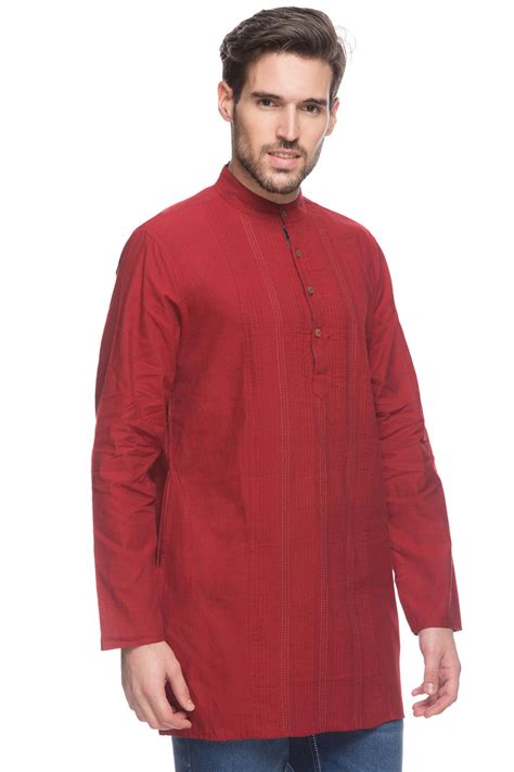 Shatranj Mens Indian Mid Length Kurta Tunic Banded Collar Shirt With
