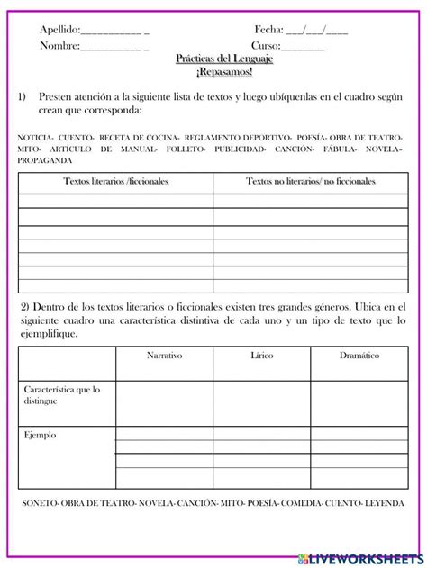 Textos Literarios Y No Literarios Interactive Worksheet Live Worksheet Nbkomputer